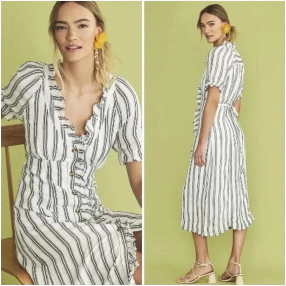 Pilcro Anthropologie Dress Womens 6 Striped Linen Blend Ruffle Midi Blue White